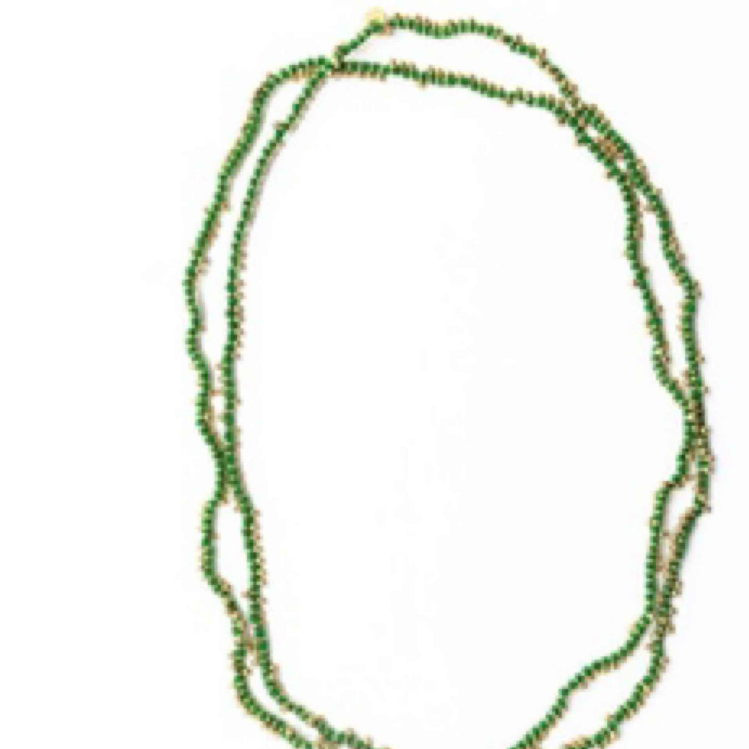Ink+Alloy  Rosemary thread with Brass Extra Long Necklace Leaf Green