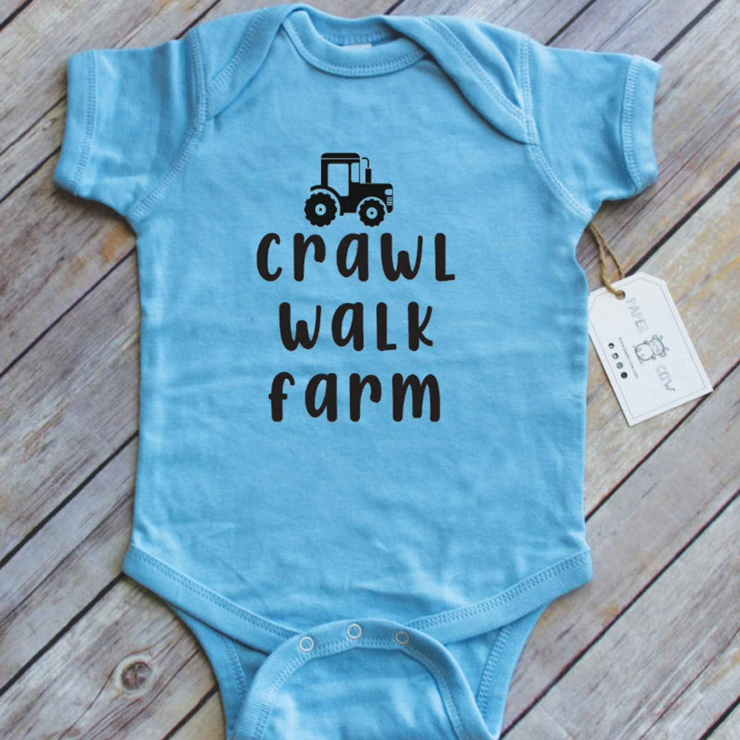 Crawl, Walk, Farm Blue Onesie By Paper Cow
