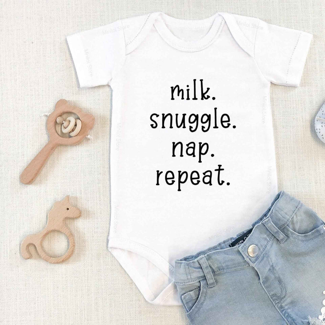 Milk, Snuggle, Nap, Repeat White Onesie By Paper Cow