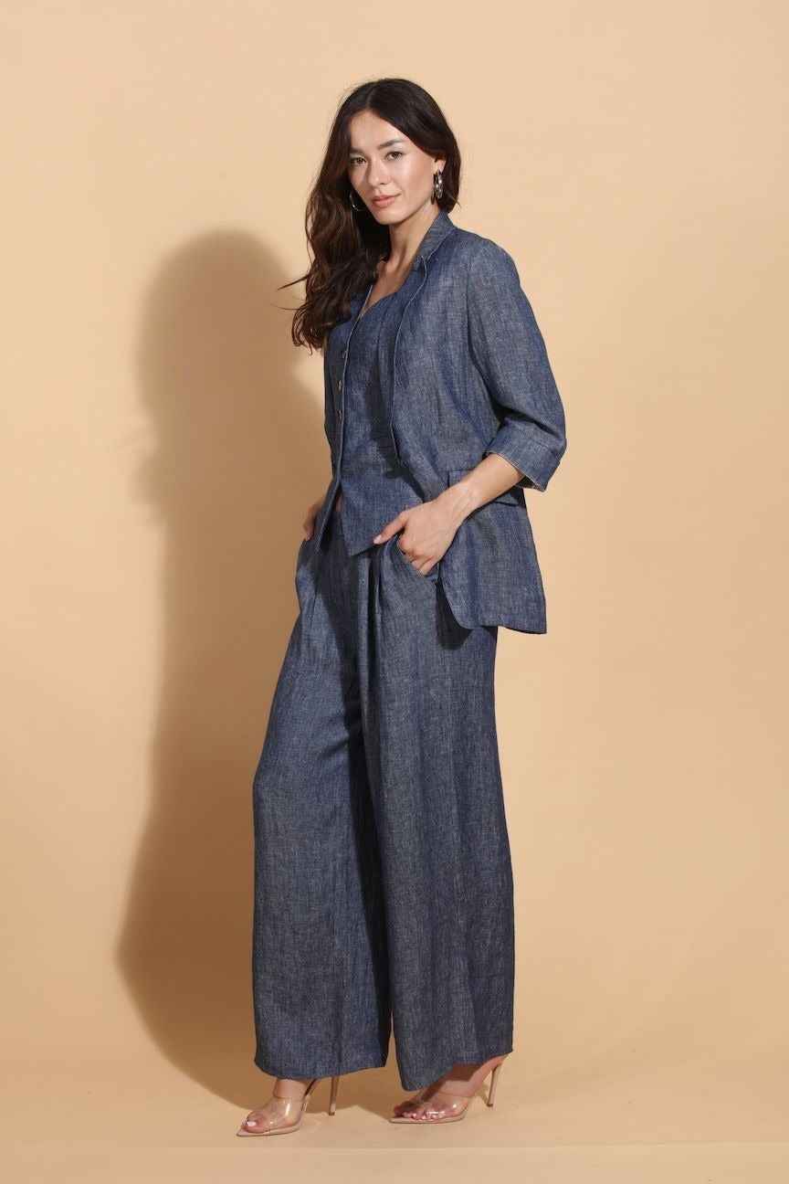 100% Linen Twill Jacket With 3/4 Sleeves By Jessie Liu