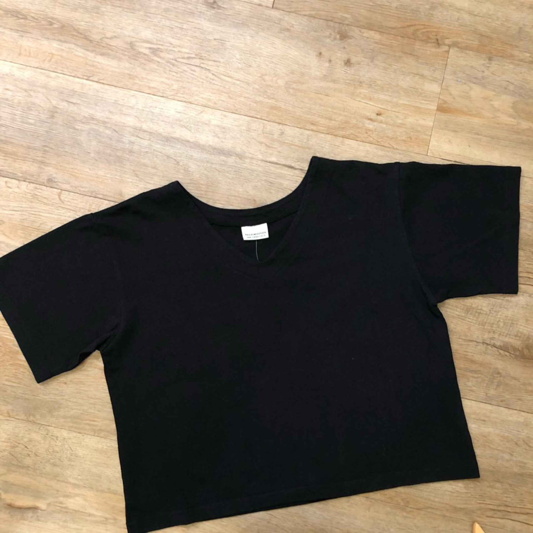 Short Sleeve Cropped V. Neck  Tee Black By Pacific Cotton