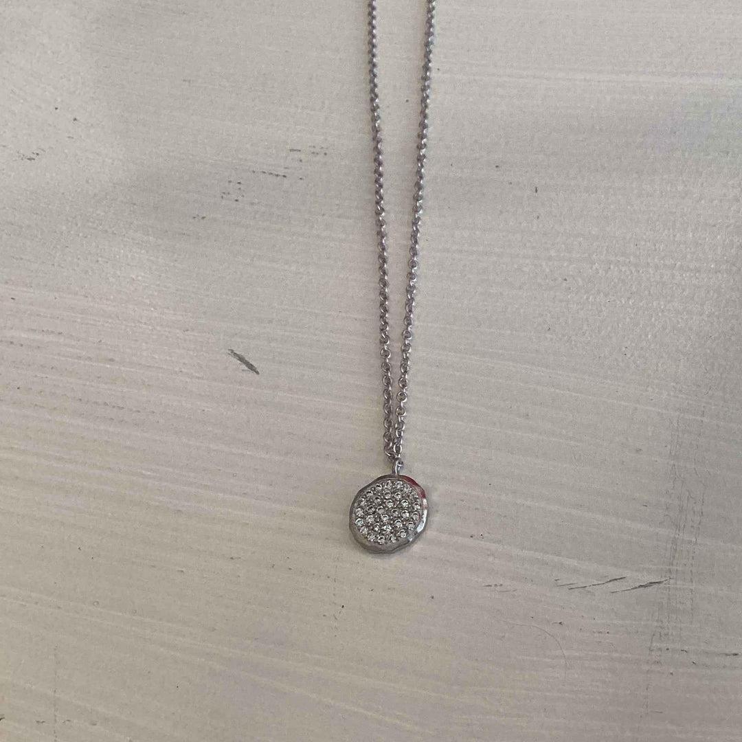 Silver necklace with small pave disk