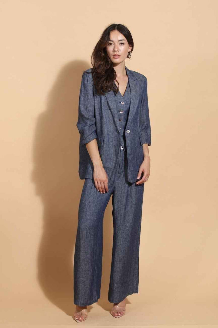 100% Linen Twill Jacket With 3/4 Sleeves By Jessie Liu