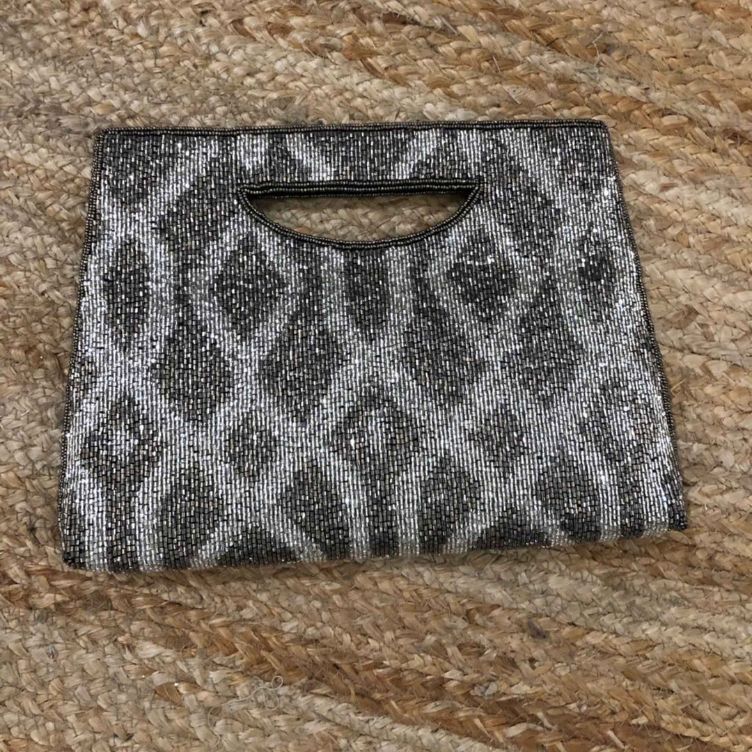 All Beaded Cut Handle Silver/Pewter Clutch By Ricki Designs